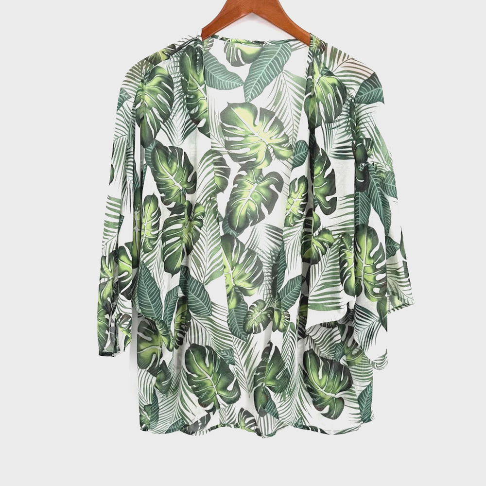 Womens Tropical Leaf Kimono Cardigan Medium Green Palm Print Open Front Cover Up